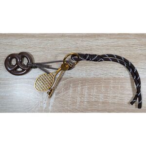Brown Pretzel Tennis Racket Key Purse Charm Gold Tone Bag Accessory
